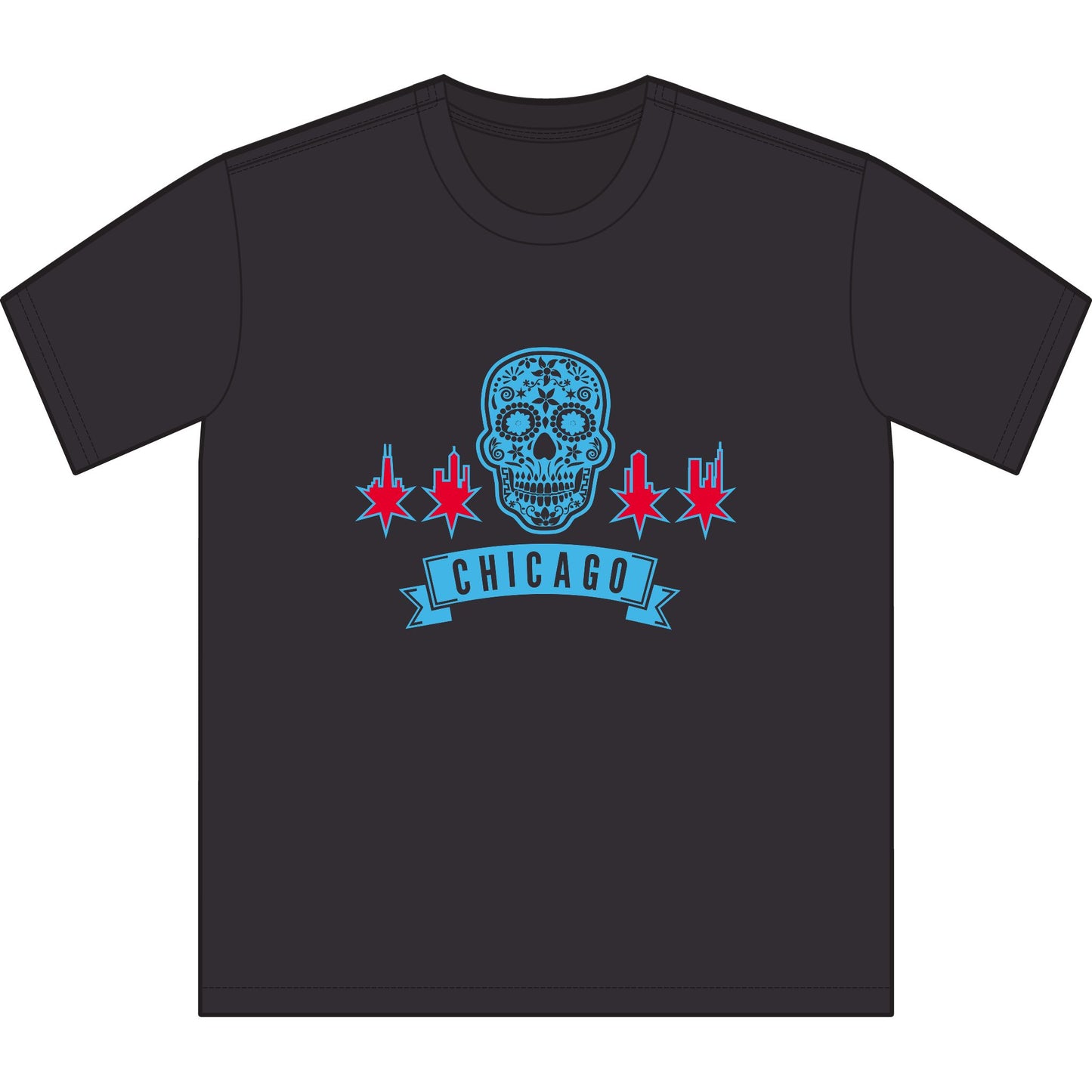 Chicago Skull Sueded T-Shirt with Banner Chicago Flag Inspired Tee