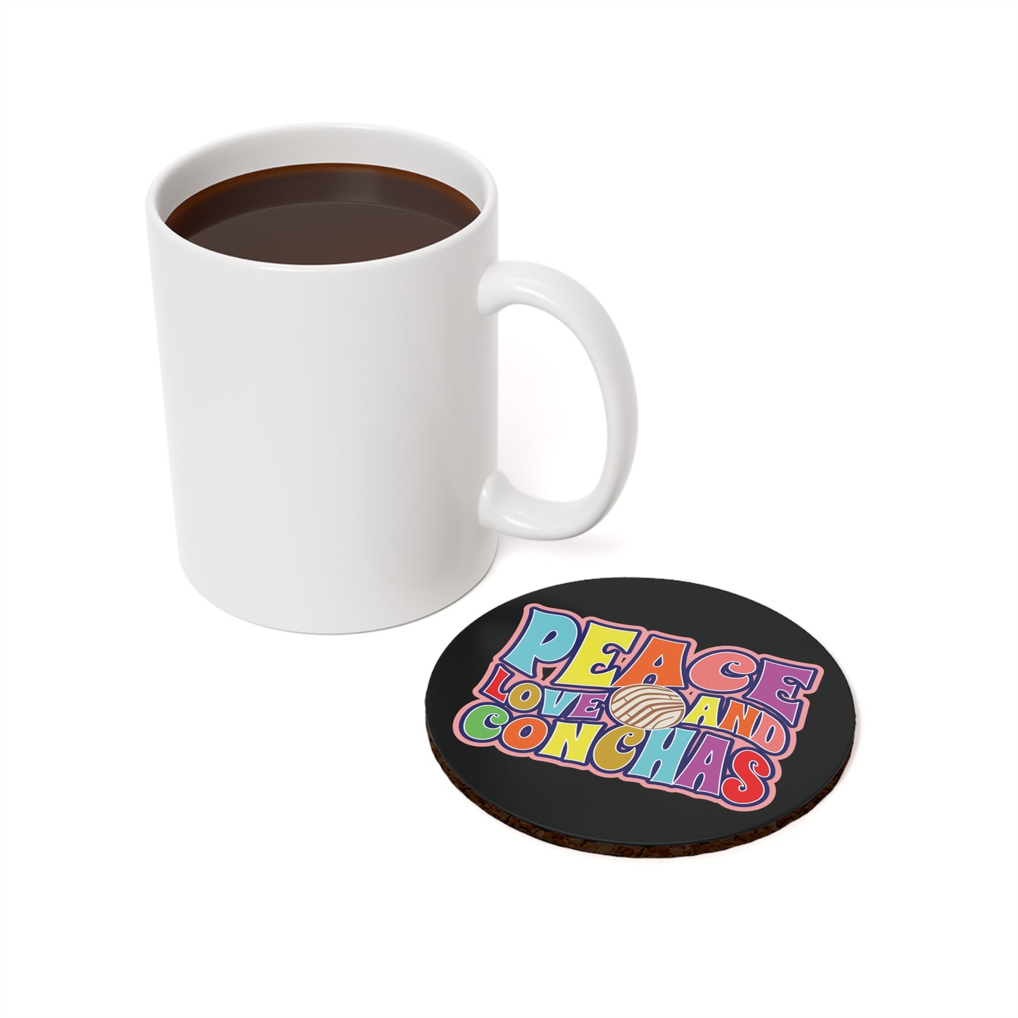 Peace Love And Conchas Cork Back Coaster