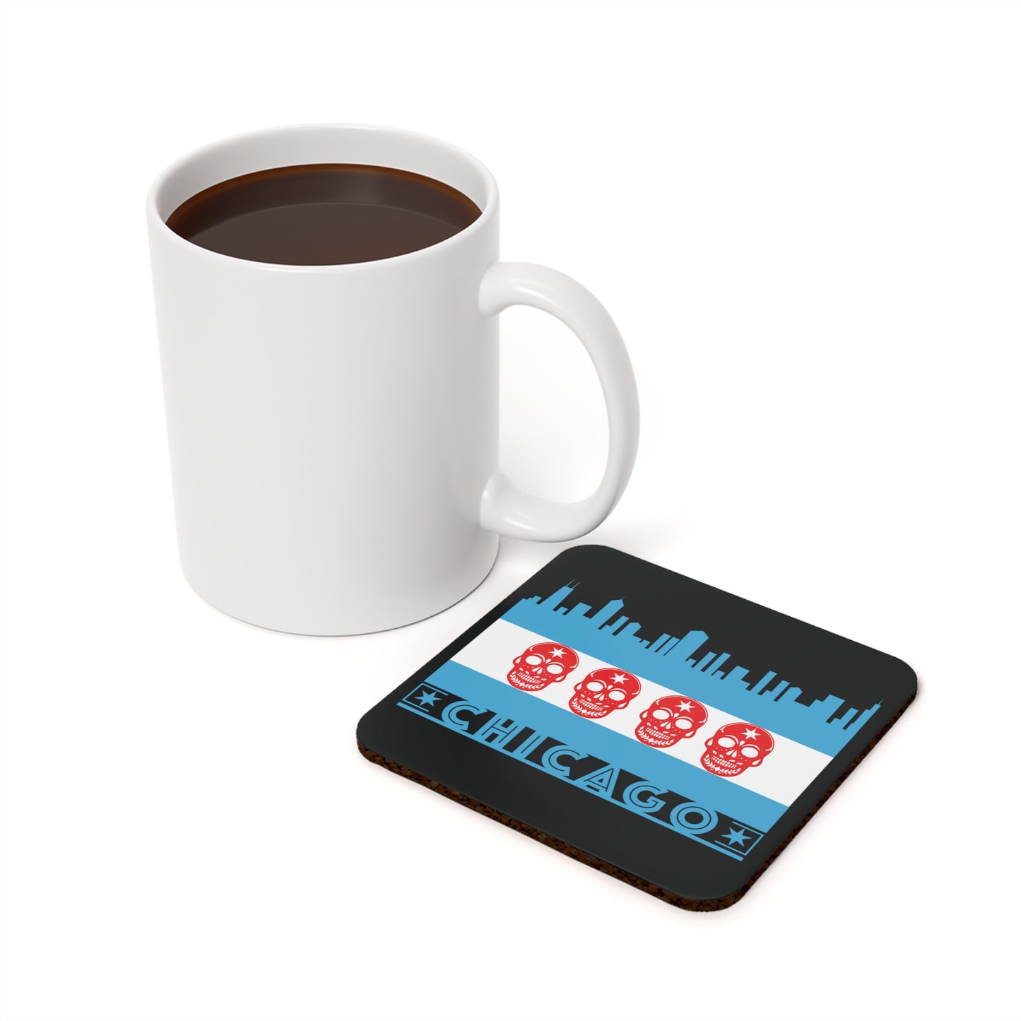 Chicago Flag With Skulls As Stars Cork Back Coaster