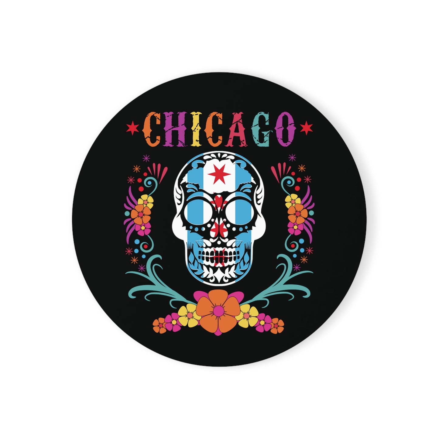 Chicago Flag In Skull Dia De Los Muertos Colors Cork Back Coaster