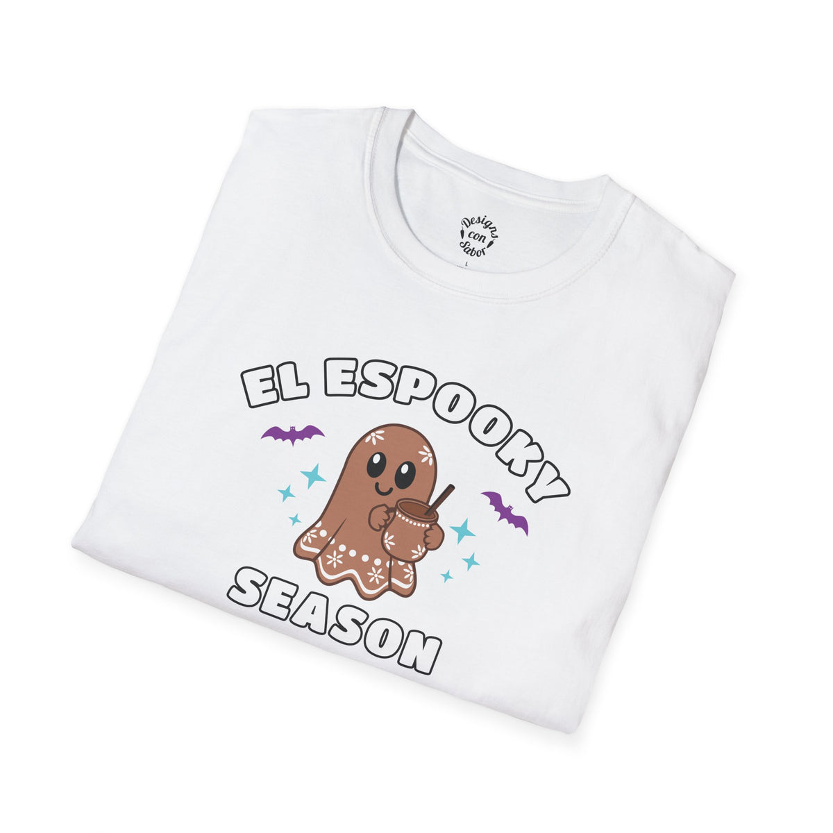 Folded El Espooky Season terracotta ghost design with purple bats and turquoise stars white adult T Shirt.