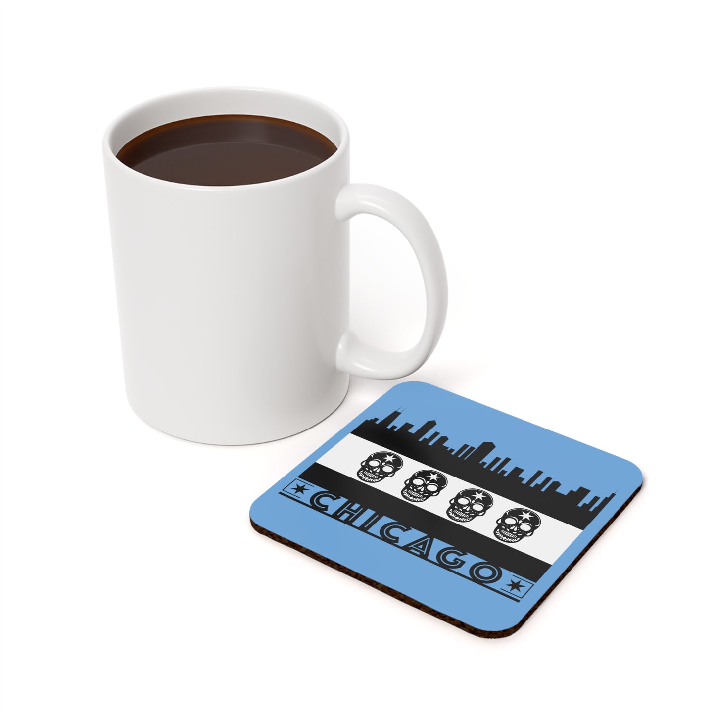 Chicago Flag With Skulls As Stars Black & White Cork Back Coaster