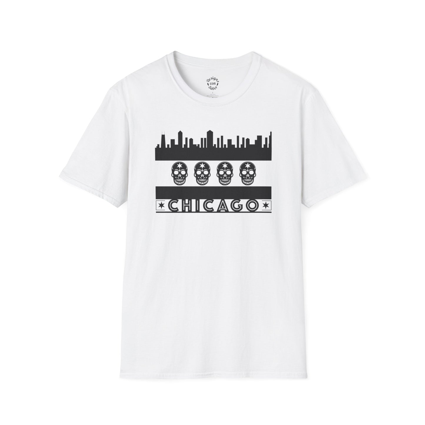 Chicago Flag With Skulls and Skyline (Black and White)