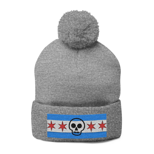 Chicago Skull Flag Pom Beanie Calavera Chicago Knit Cap