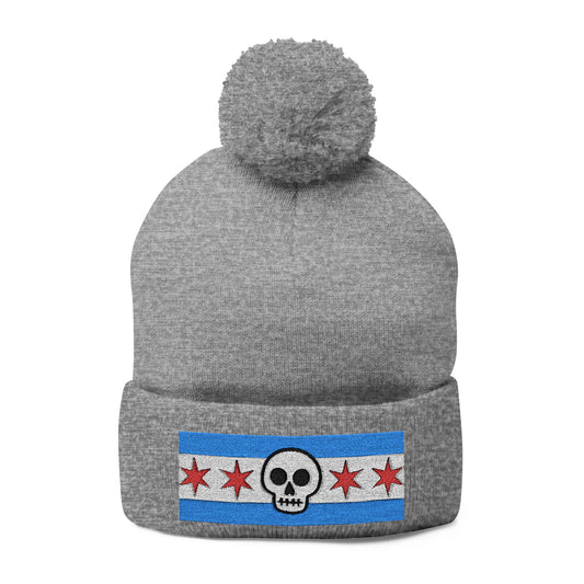 Chicago Skull Flag Pom Beanie Calavera Chicago Knit Cap