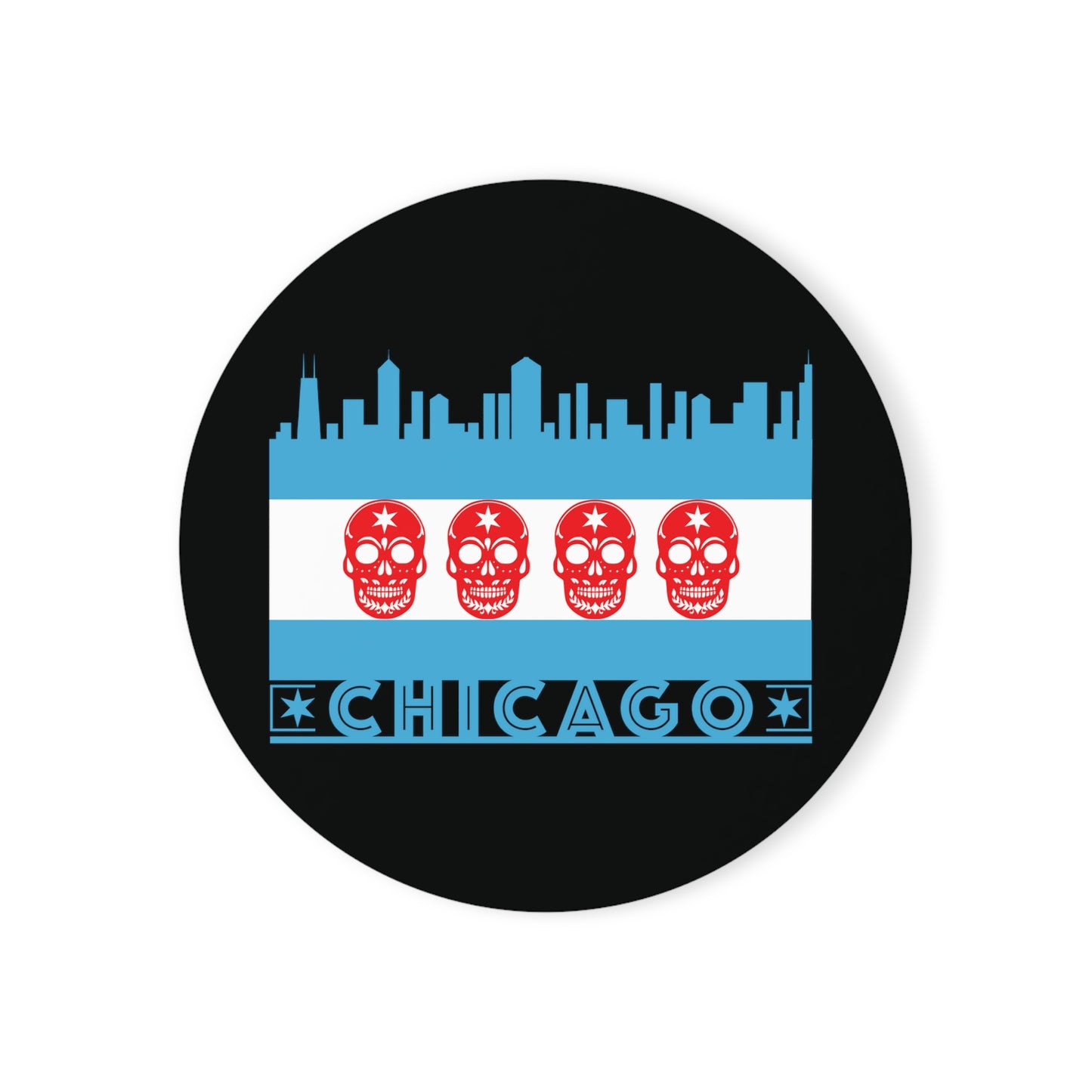 Chicago Flag With Skulls As Stars Cork Back Coaster