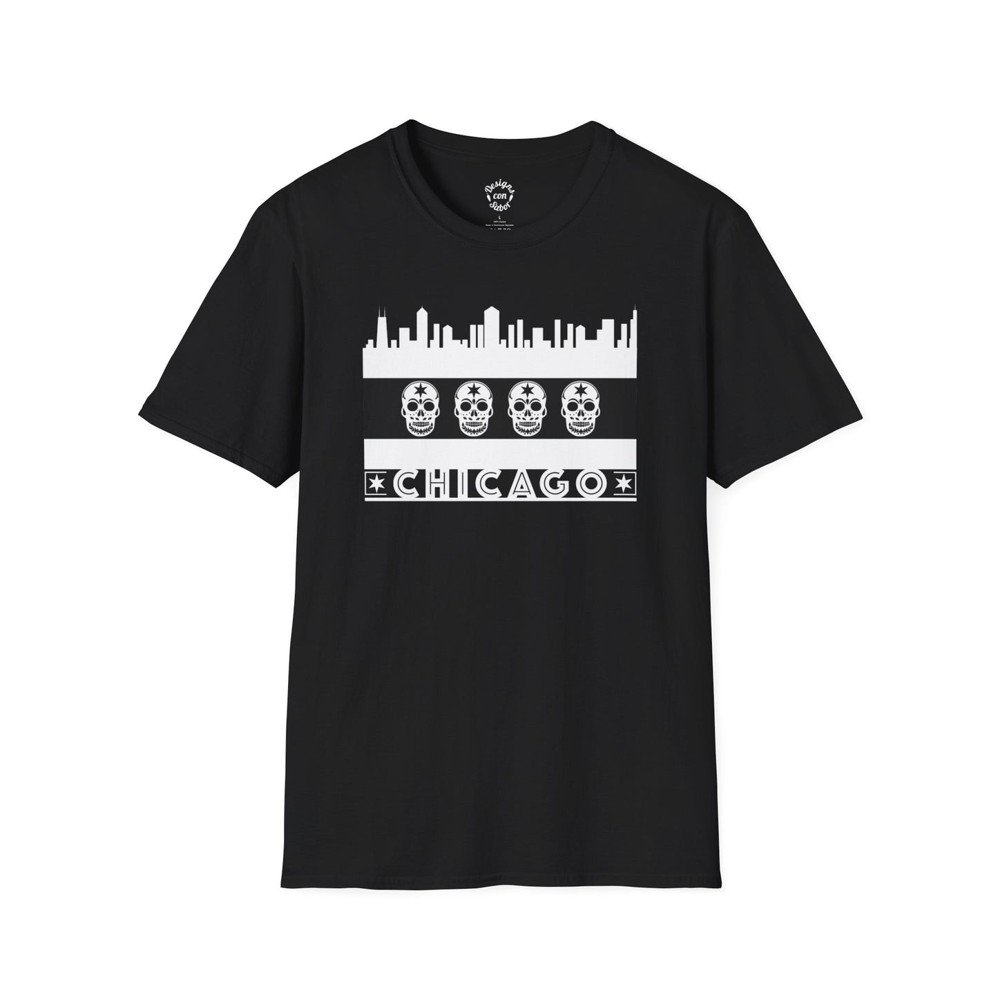 Chicago Flag With Skulls and Skyline (Black and White)