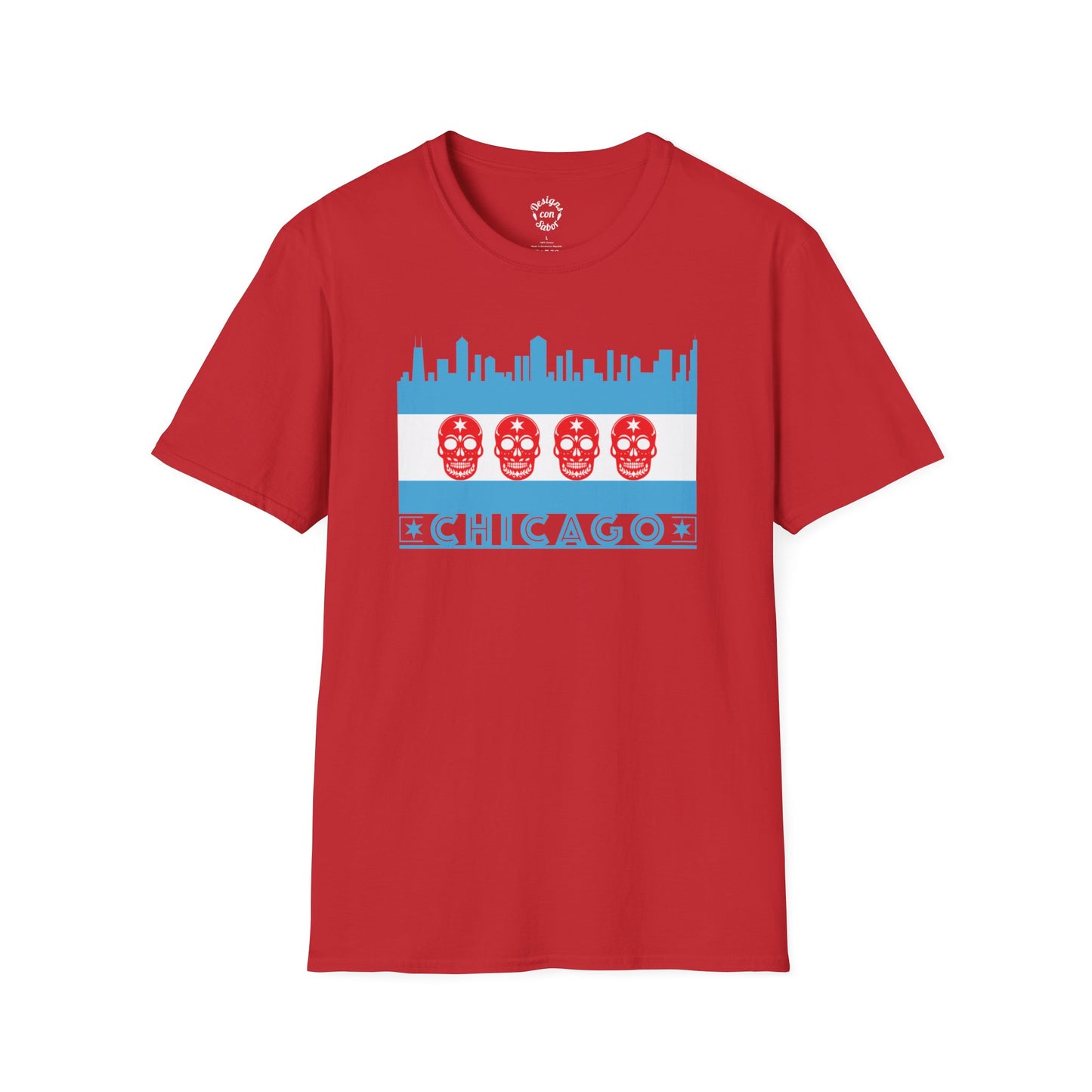 Chicago Flag With Skulls and Skyline (Blue and Red)