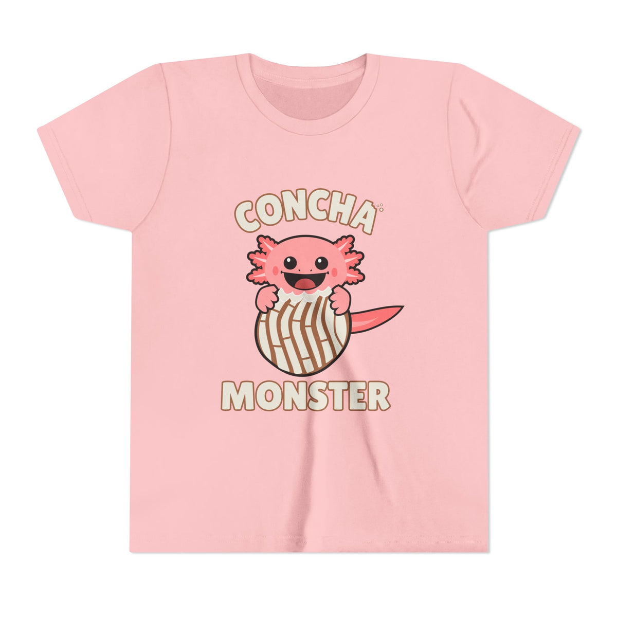 Pink axolotl popping out of a striped concha beneath Concha Monster lettering on a pink youth T-shirt.