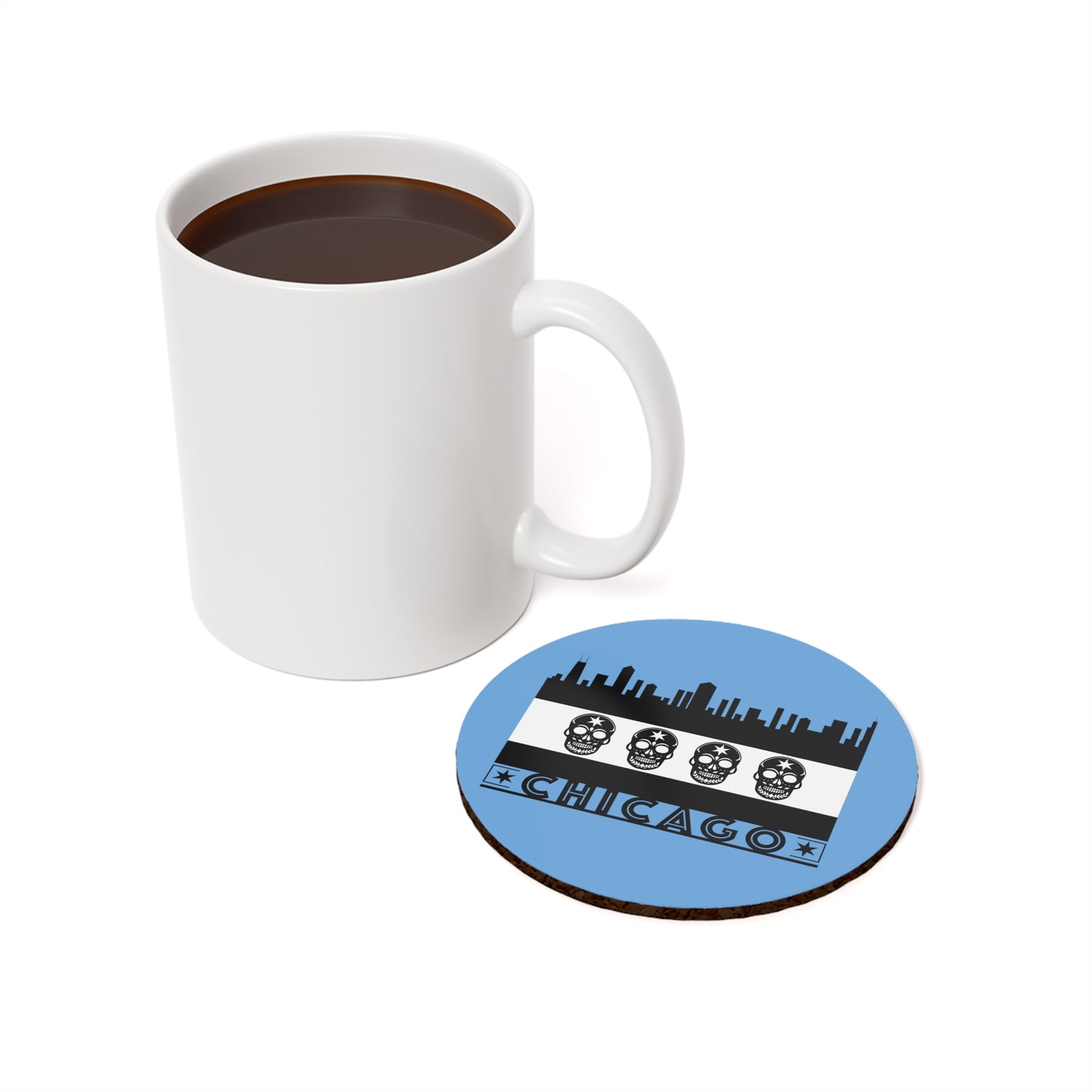 Chicago Flag With Skulls As Stars Black & White Cork Back Coaster