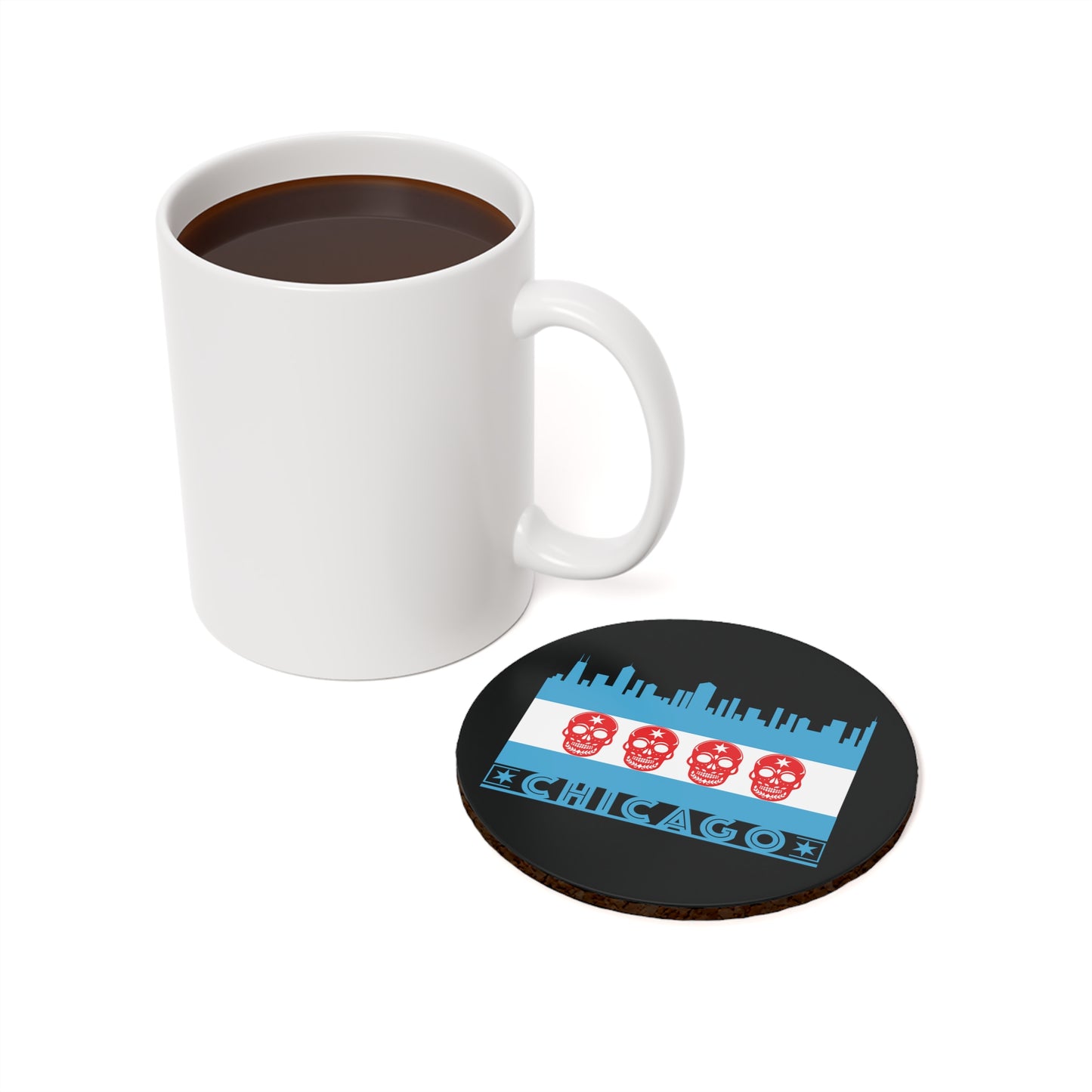 Chicago Flag With Skulls As Stars Cork Back Coaster