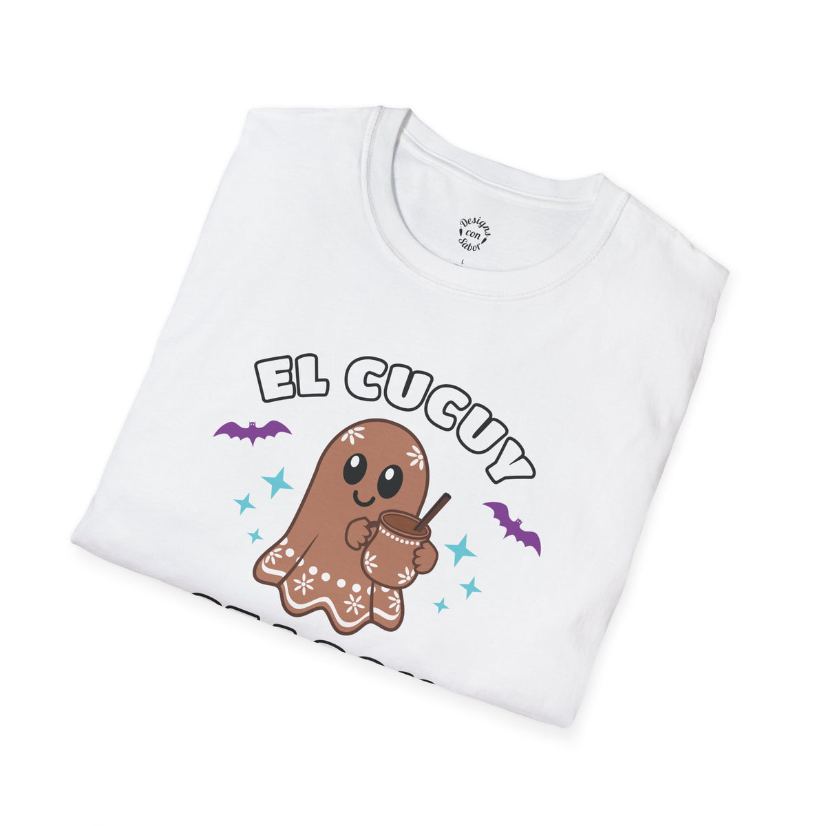 Folded white El Cucuy Season terracotta ghost holding a clay-style cup with purple bats and turquoise stars on adult T Shirt