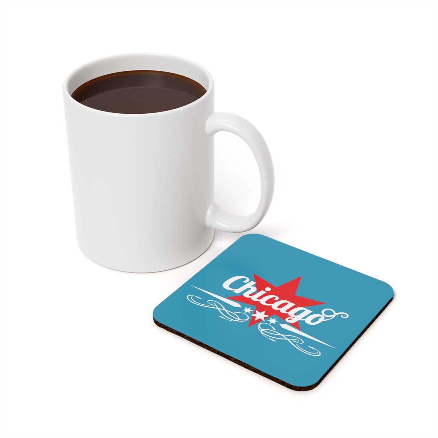 Chicago Text With Flag Stars Cork Back Coaster