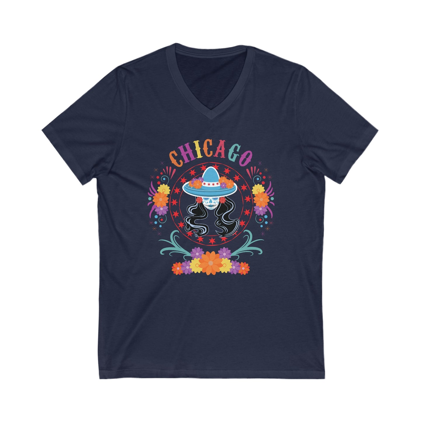 Chicago Catrina With Sombrero Dia De Los Muertos Colors V-Neck