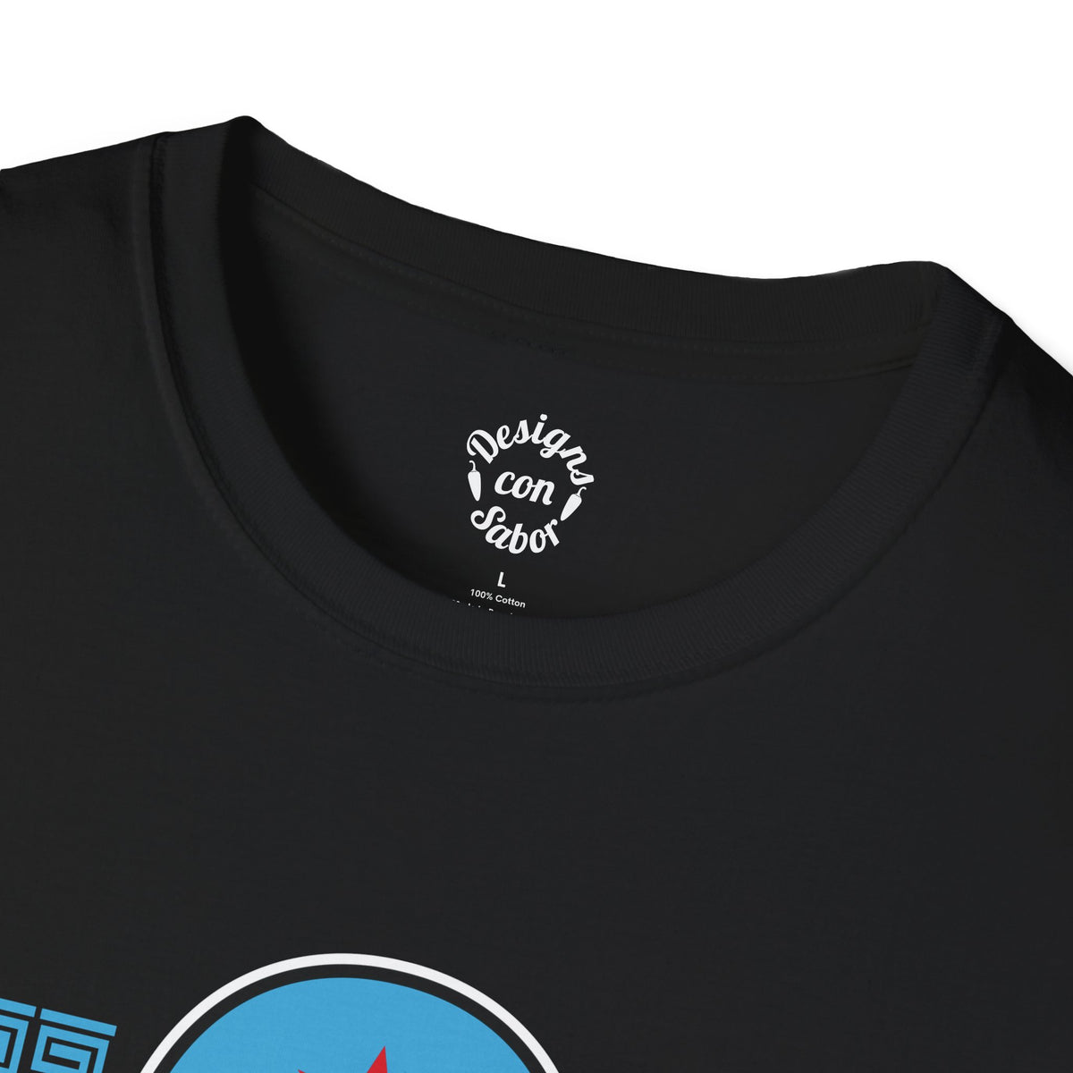 Inside neck print on black Chicago Lucha Calavera T Shirt with Designs Con Sabor logo