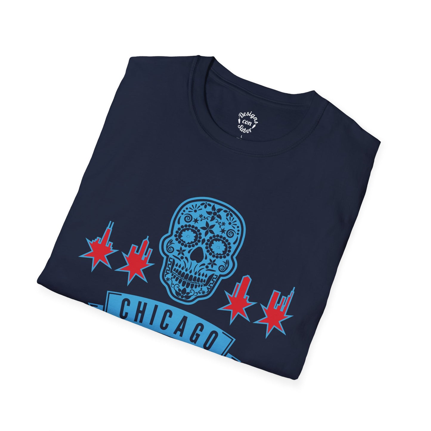 Chicago Skull T-Shirt with Banner Chicago Flag Inspired Sugar Skull Tee