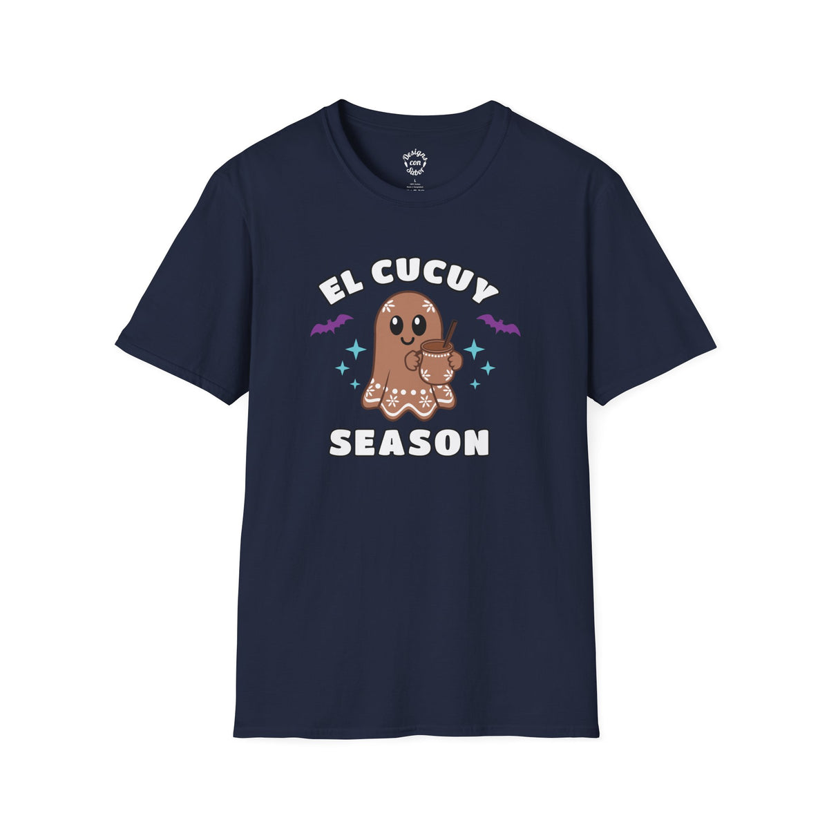 El Cucuy Season terracotta ghost holding a clay-style cup with purple bats and turquoise stars on a navy adult T Shirt.
