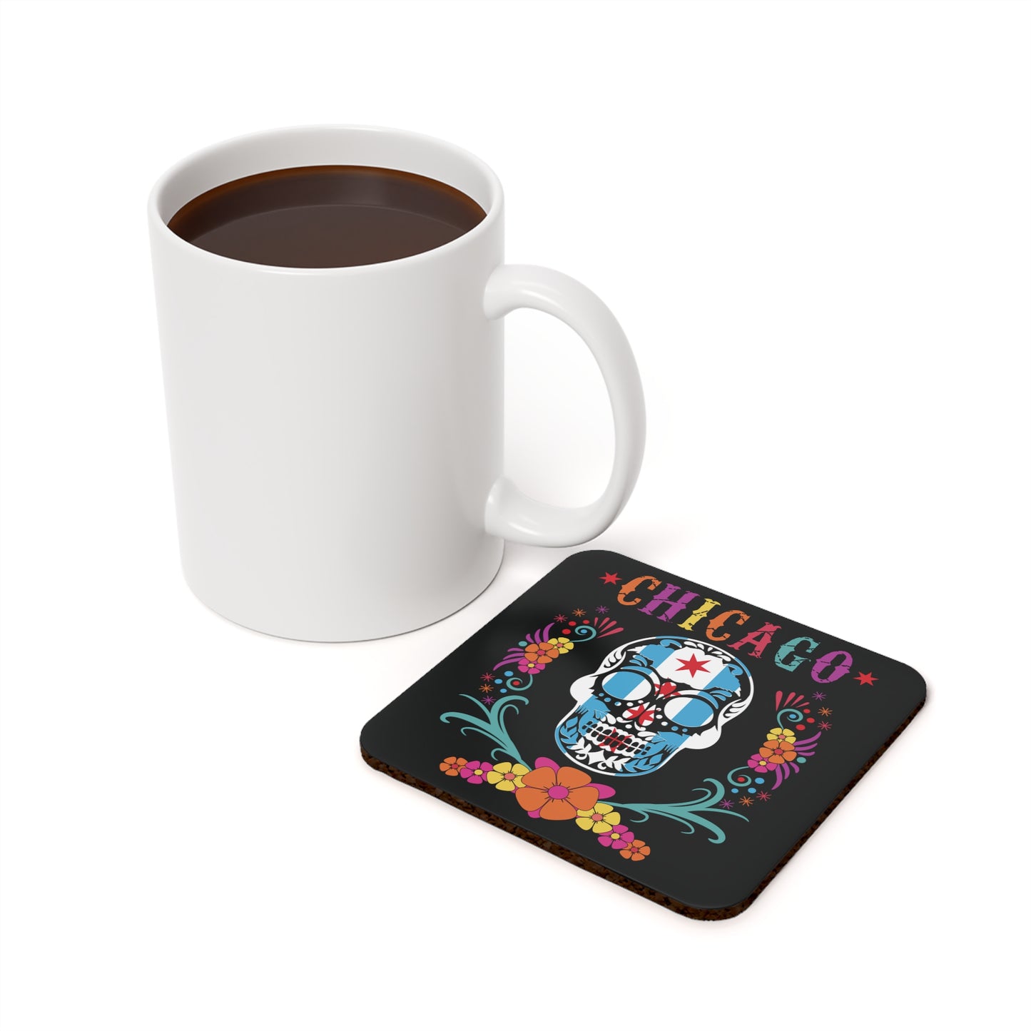 Chicago Flag In Skull Dia De Los Muertos Colors Cork Back Coaster