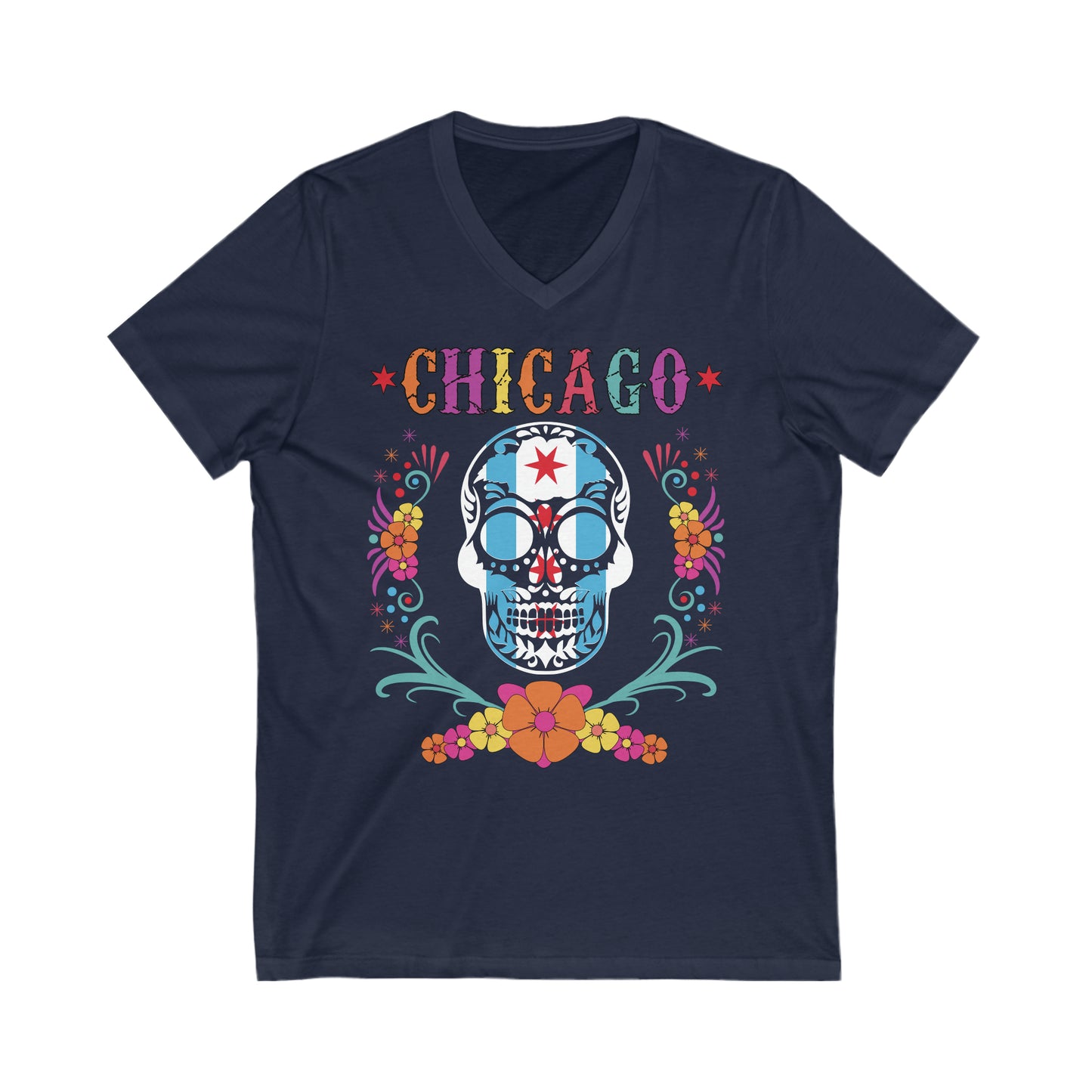 Chicago Flag In Skull With Colors V-Neck