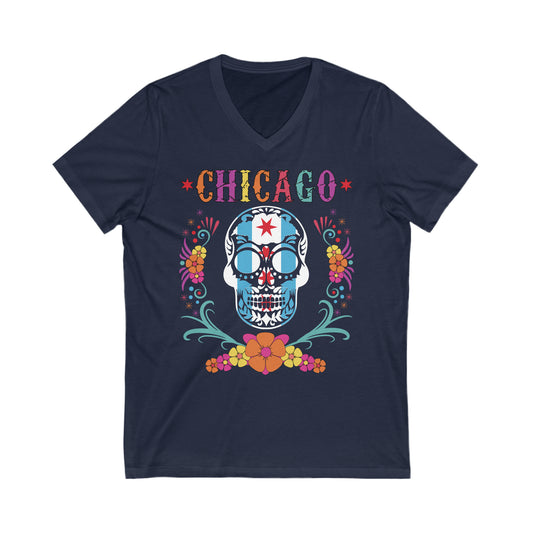 Chicago Flag In Skull With Colors V-Neck