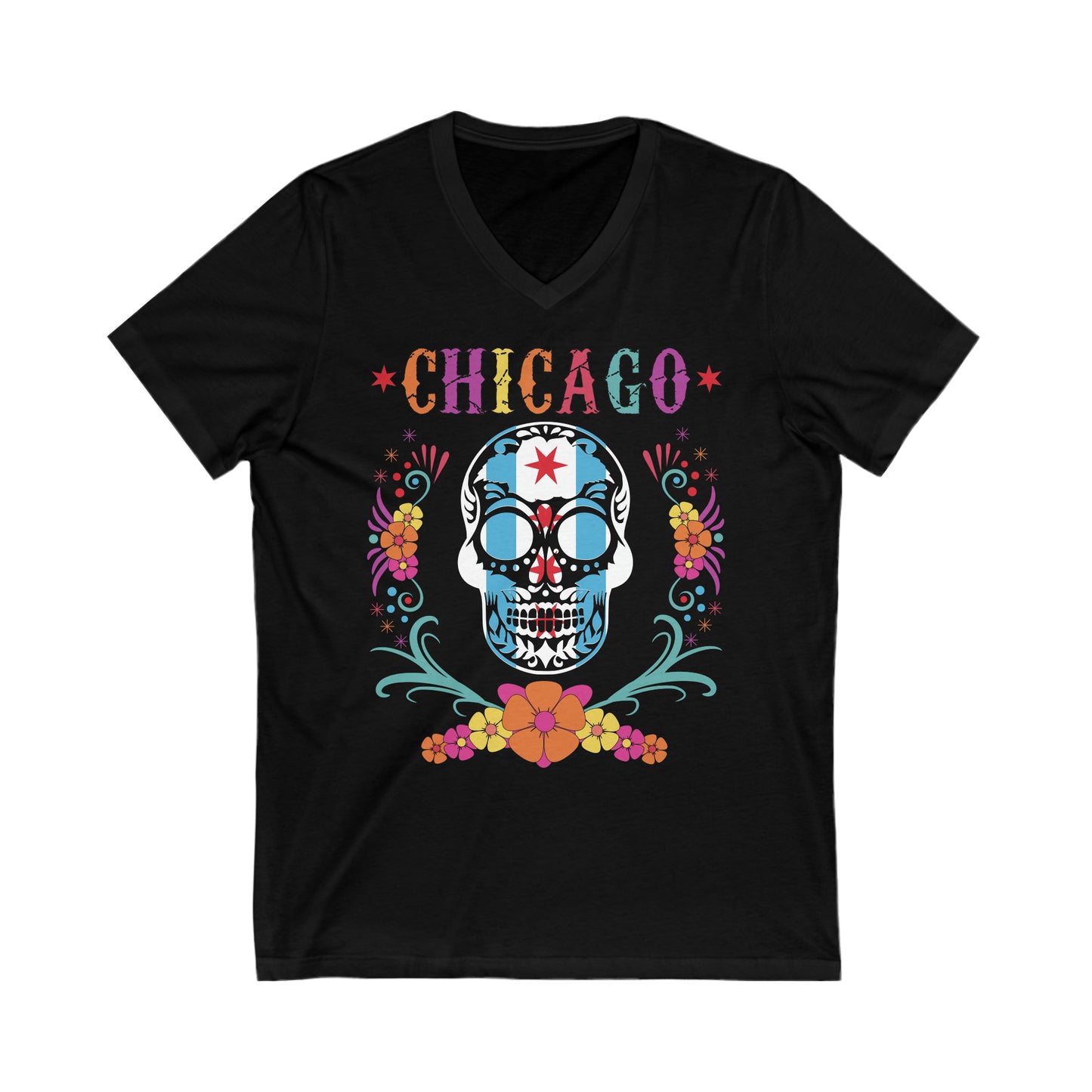 Chicago Flag In Skull With Colors V-Neck