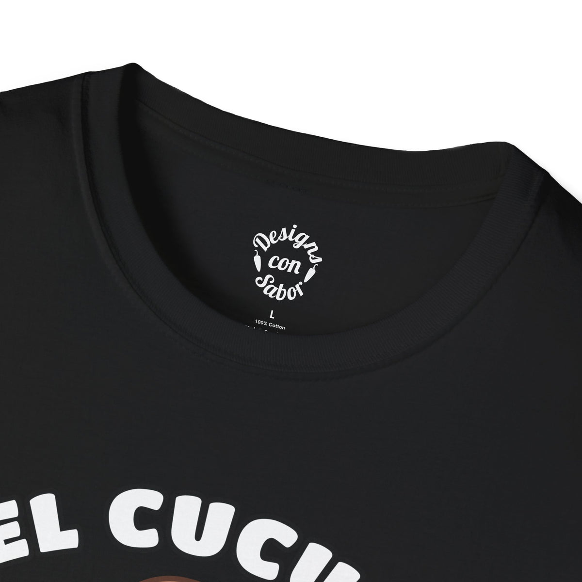 Inside neck print on black El Cucuy Season terracotta ghost holding a clay-style cup with purple bats and turquoise stars on adult T Shirt with Designs Con Sabor logo
