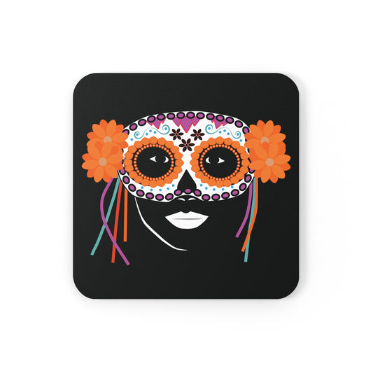 Girl With Dia De Los Muertos Mask Cork Back Coaster