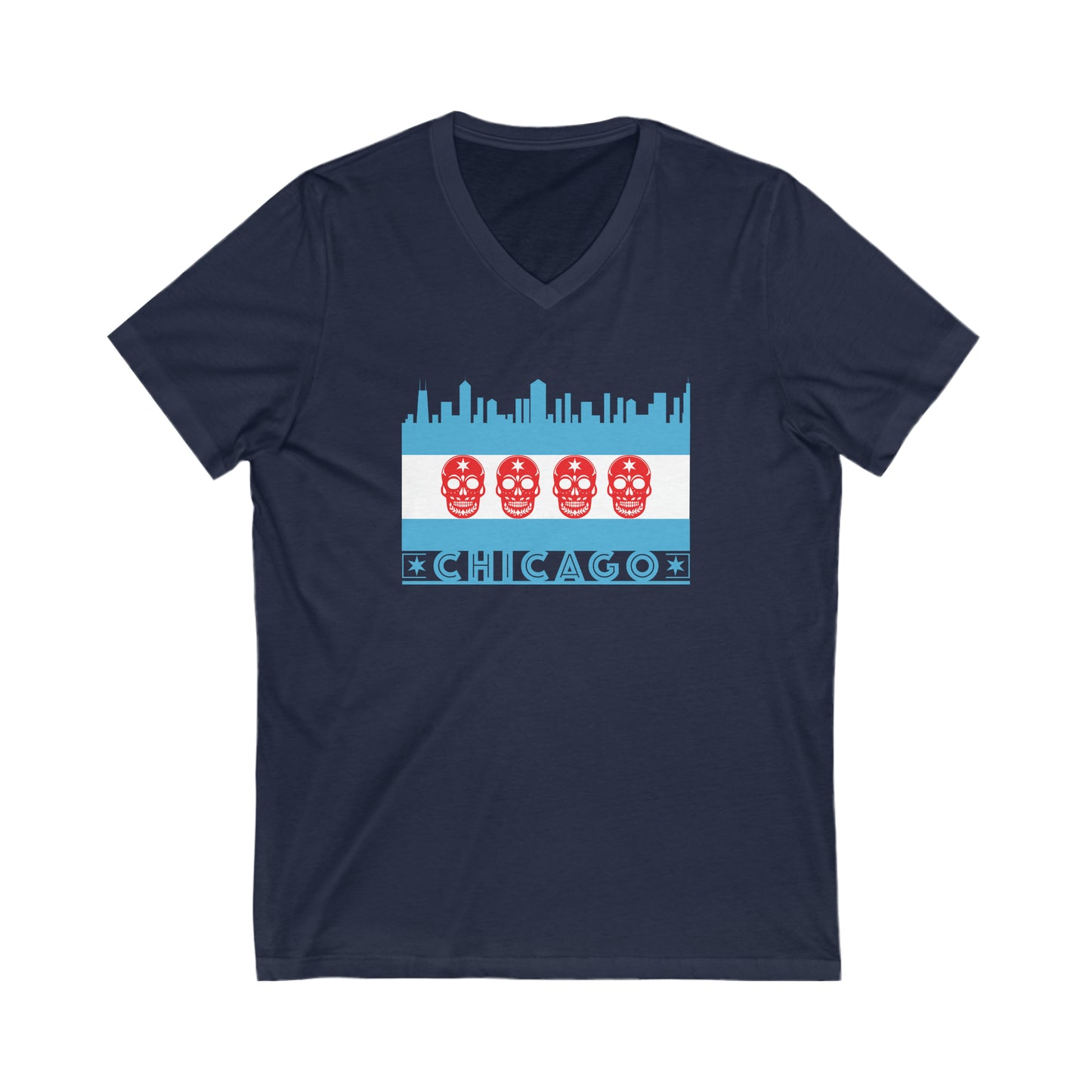 Chicago Flag With Skulls and Skyline (Blue and Red) V-Neck