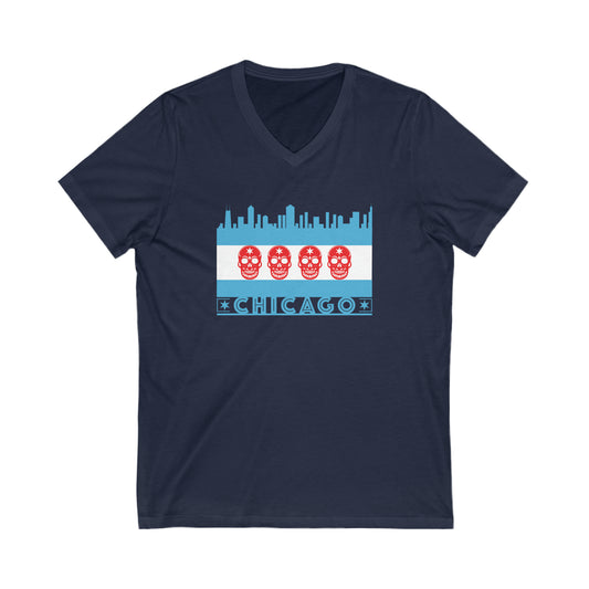 Chicago Flag With Skulls and Skyline (Blue and Red) V-Neck