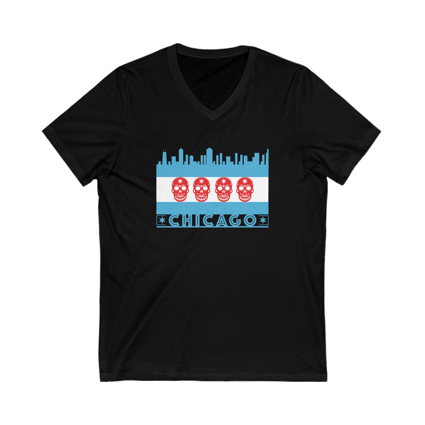 Chicago Flag With Skulls and Skyline (Blue and Red) V-Neck