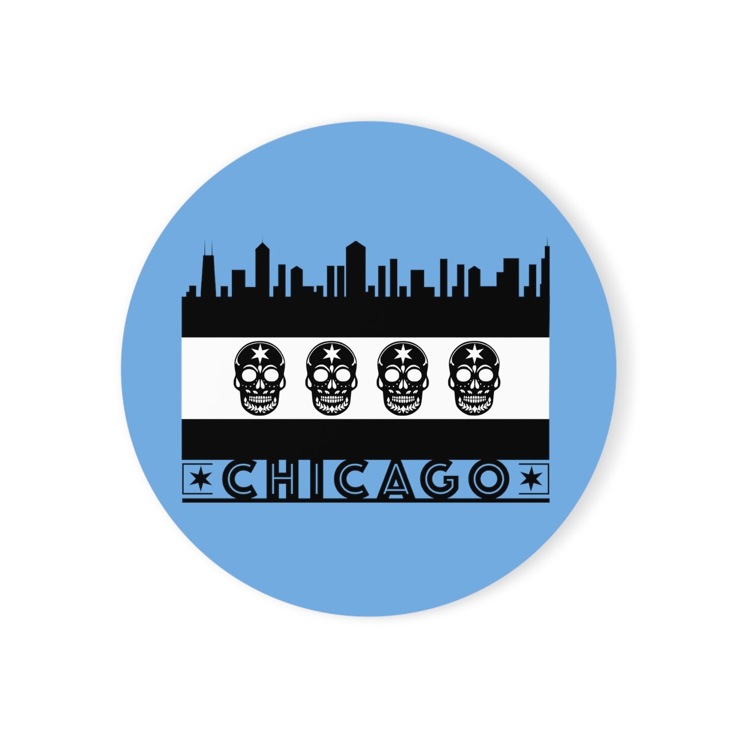 Chicago Flag With Skulls As Stars Black & White Cork Back Coaster