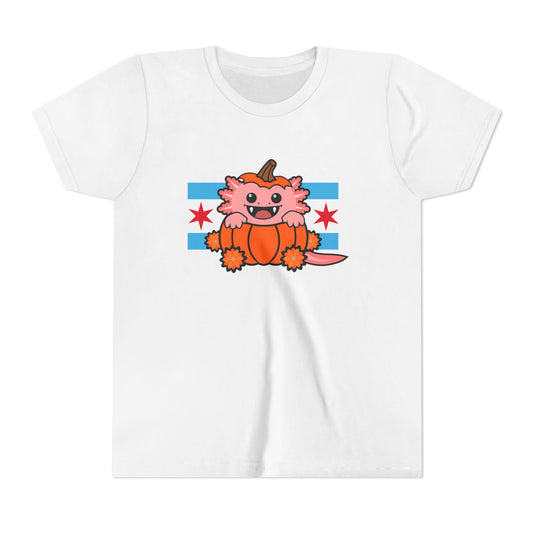 Pink vampire axolotl popping out of a pumpkin with Chicago flag stripes and stars on a white youth T-shirt.