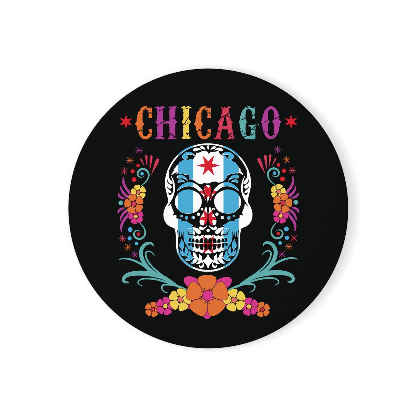 Chicago Flag In Skull Dia De Los Muertos Colors Cork Back Coaster