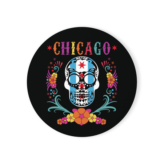 Chicago Flag In Skull Dia De Los Muertos Colors Cork Back Coaster