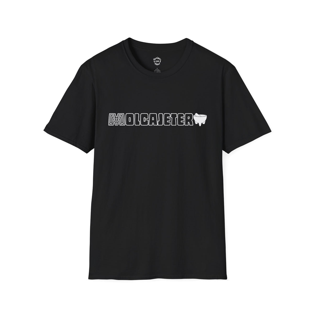 Black Molcajetero Mexican food graphic T Shirt with outlined wordmark and molcajete bowl