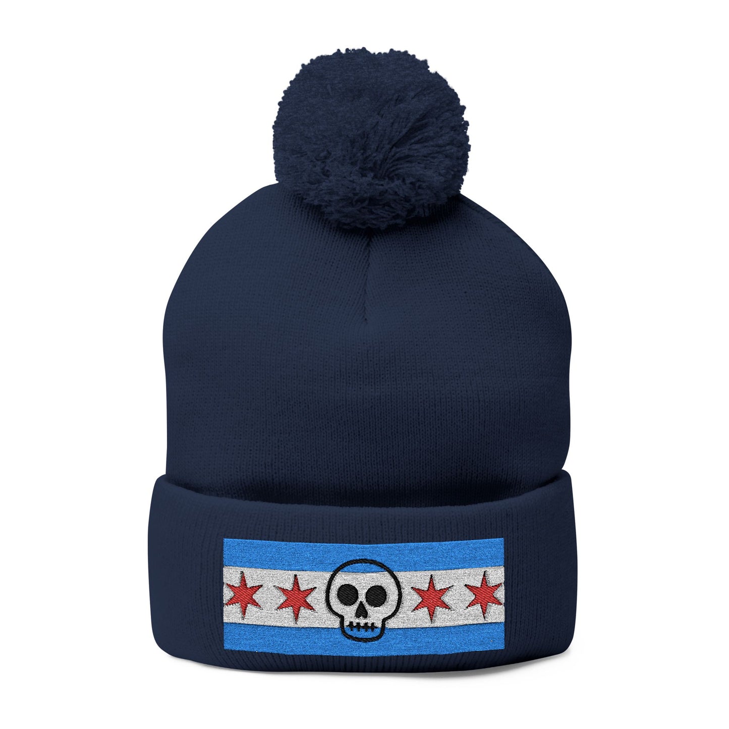 Chicago Skull Flag Pom Beanie Calavera Chicago Knit Cap