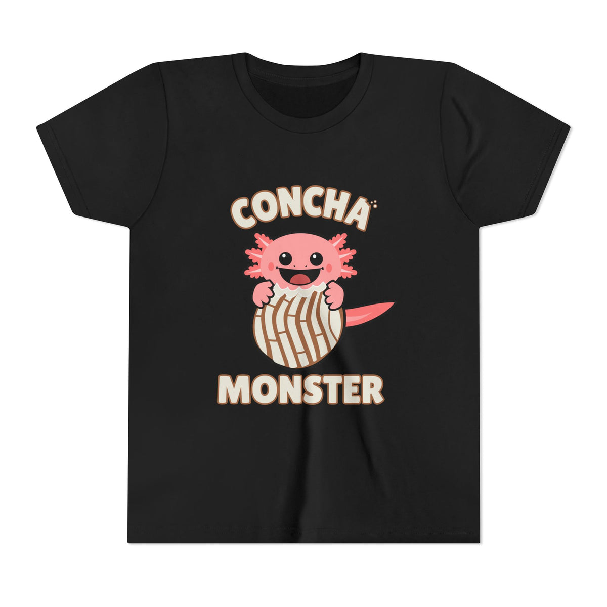 Pink axolotl popping out of a striped concha beneath Concha Monster lettering on a black youth T-shirt.