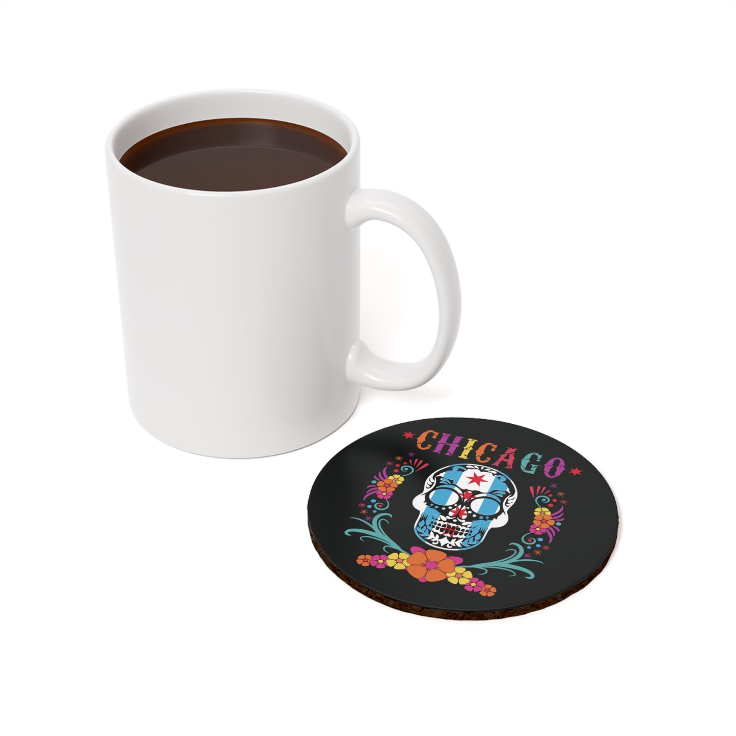 Chicago Flag In Skull Dia De Los Muertos Colors Cork Back Coaster