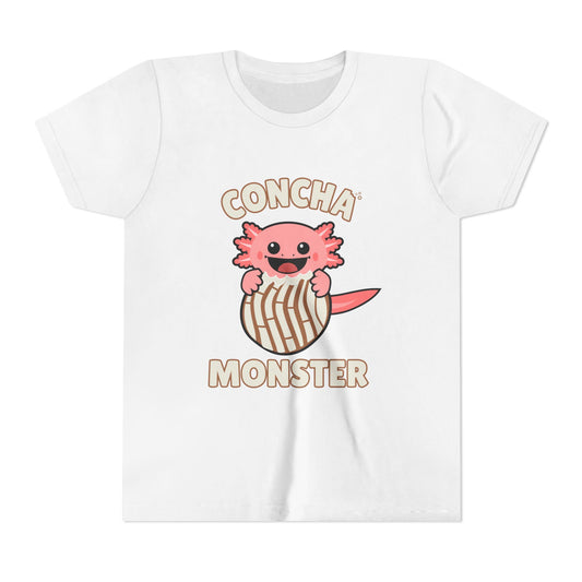 Pink axolotl popping out of a striped concha beneath Concha Monster lettering on a white youth T-shirt.