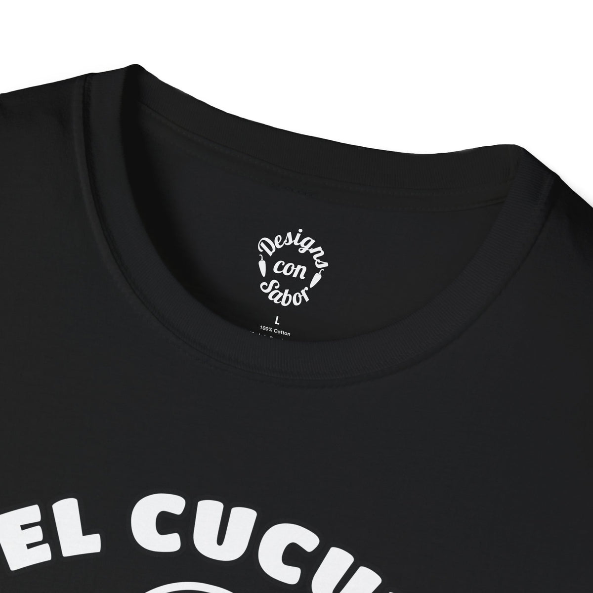 Inside neck print on black El Cucuy Season multicolor Mexican gabán-inspired ghost design on an adult T Shirt with Designs Con Sabor logo