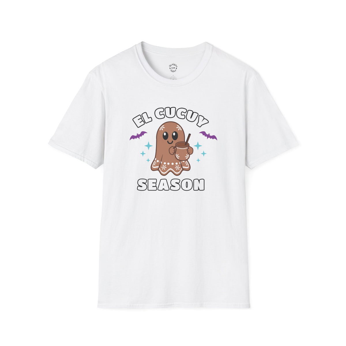 El Cucuy Season terracotta ghost holding a clay-style cup with purple bats and turquoise stars on a white adult T Shirt.