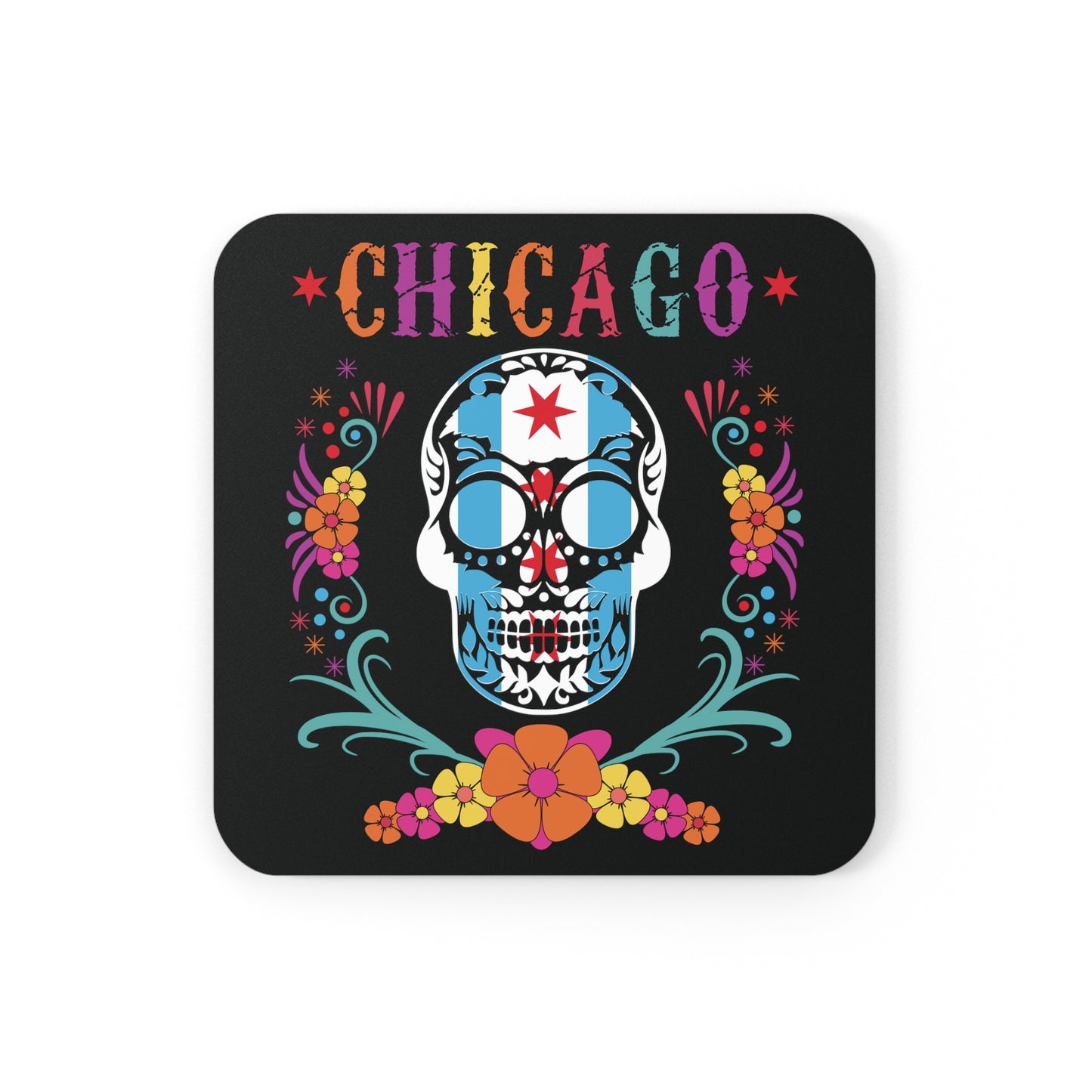 Chicago Flag In Skull Dia De Los Muertos Colors Cork Back Coaster