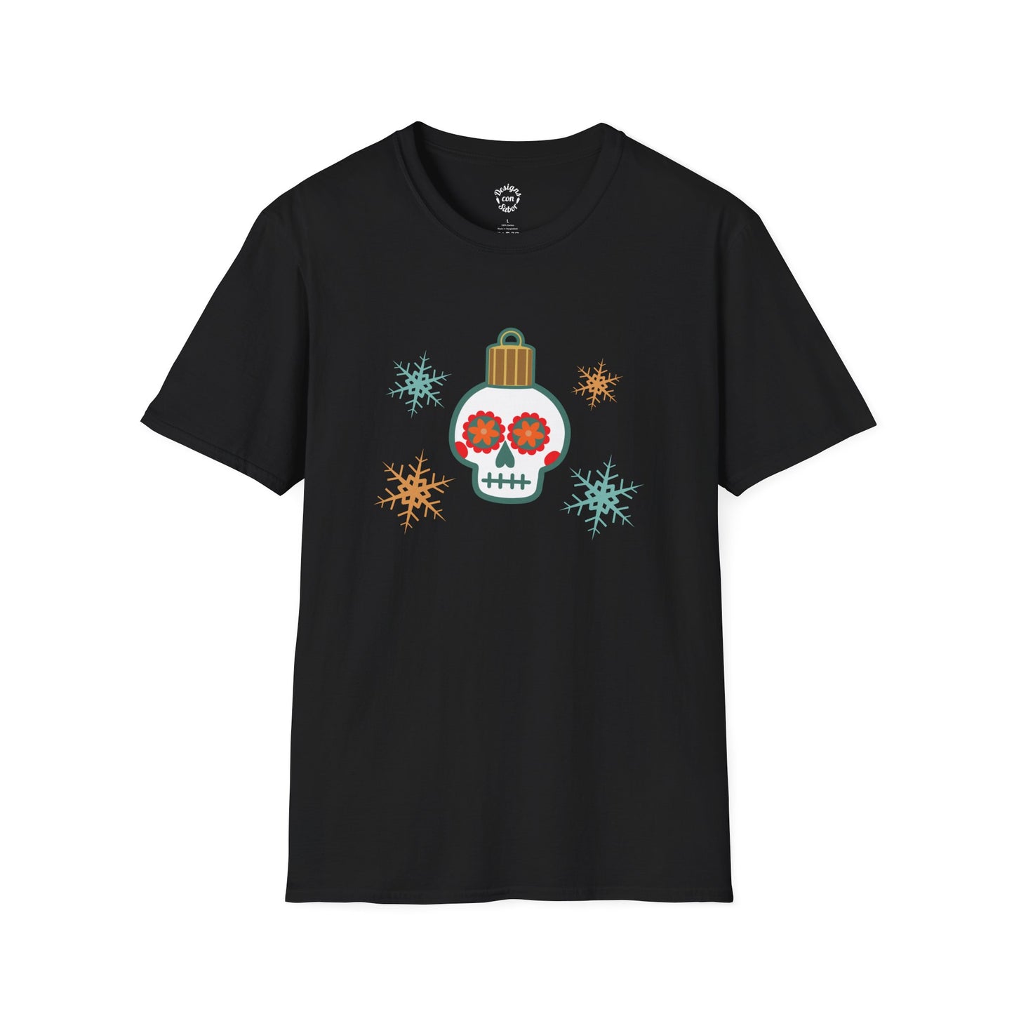 Skull Ornament Christmas T Shirt Colorful Snowflakes Calavera Tee