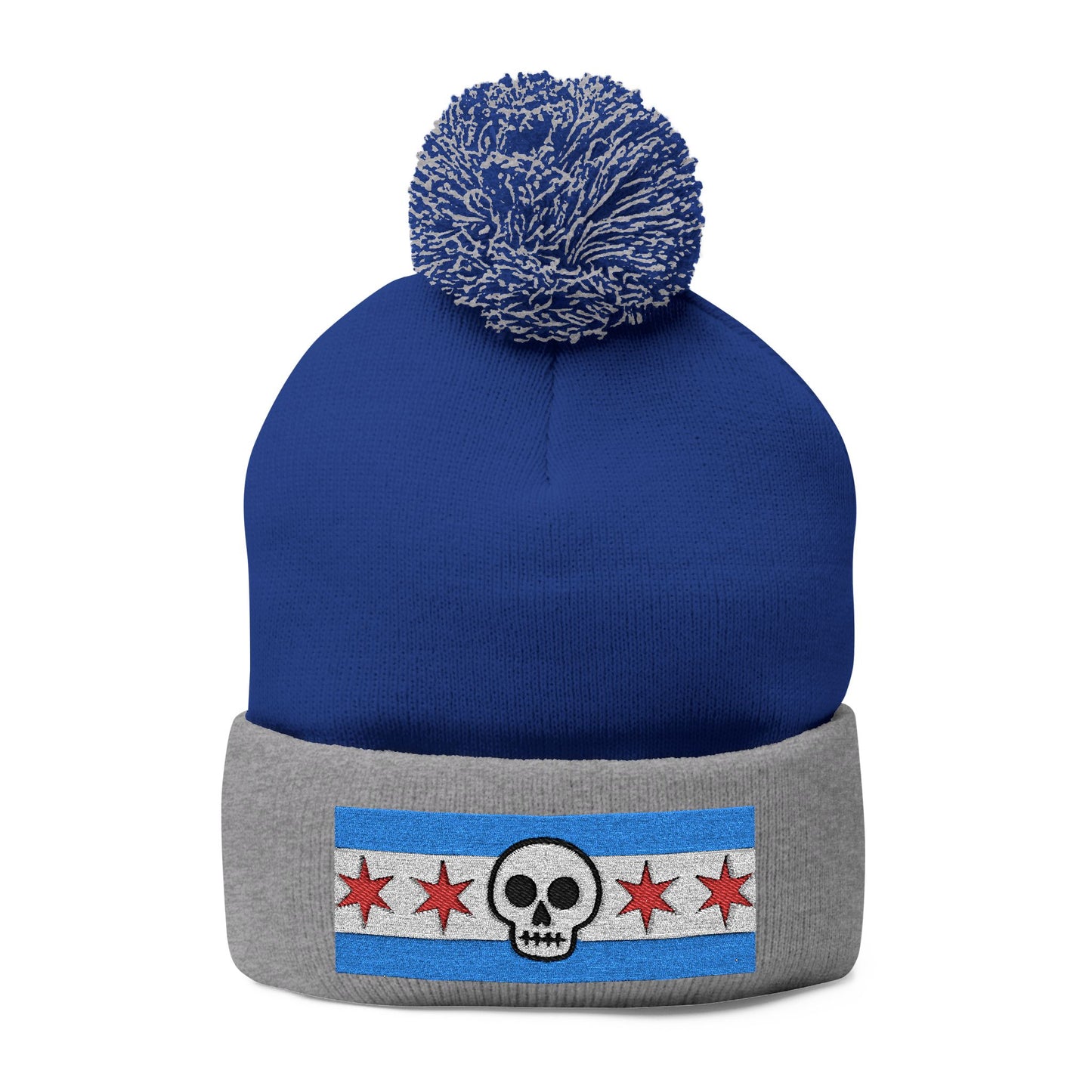 Chicago Skull Flag Pom Beanie Calavera Chicago Knit Cap