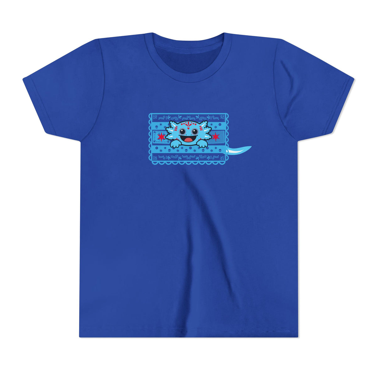 A blue axolotl pops through Chicago flag-inspired papel picado on a blue youth tee