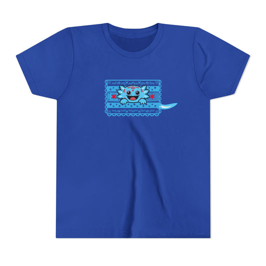 A blue axolotl pops through Chicago flag-inspired papel picado on a blue youth tee