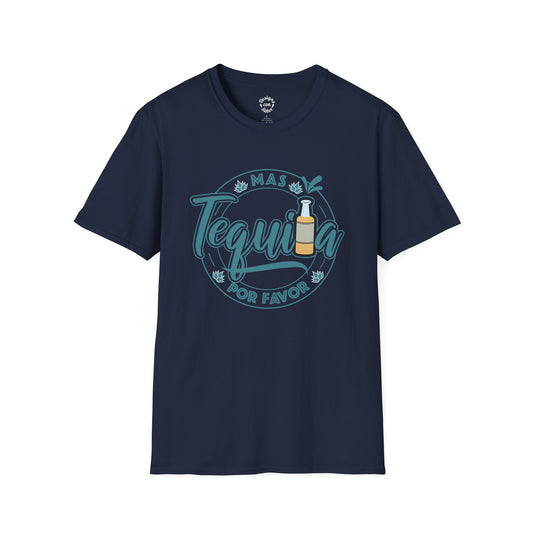 Navy Mas Tequila Por Favor graphic T-shirt with tequila bottle lettering and agave details