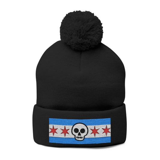 Chicago Skull Flag Pom Beanie Calavera Chicago Knit Cap