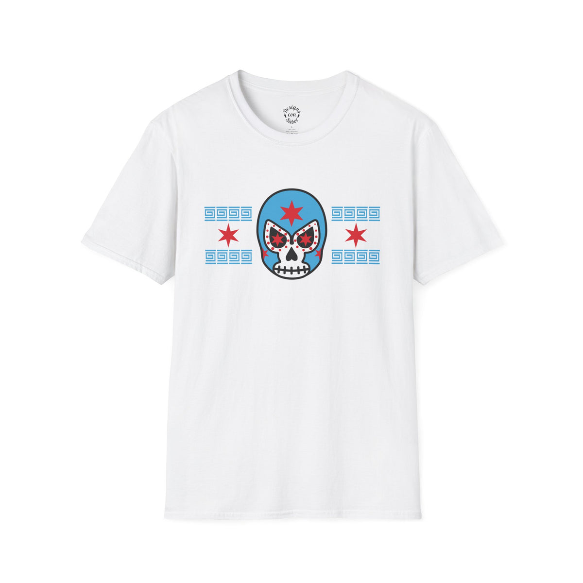 White Chicago Lucha Calavera graphic T Shirt with lucha mask, red six-point stars and blue geometric patterns