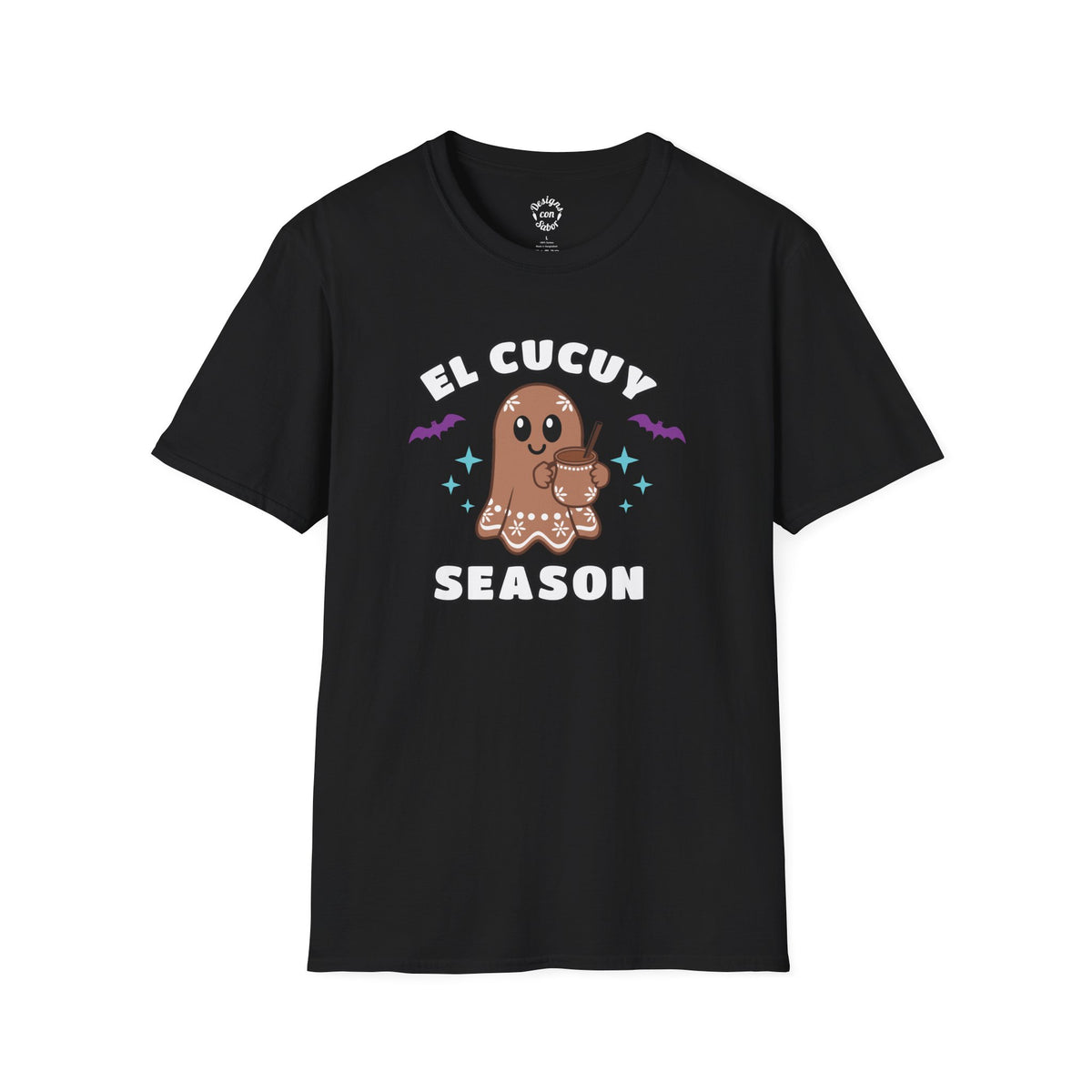 El Cucuy Season terracotta ghost holding a clay-style cup with purple bats and turquoise stars on a black adult T Shirt.